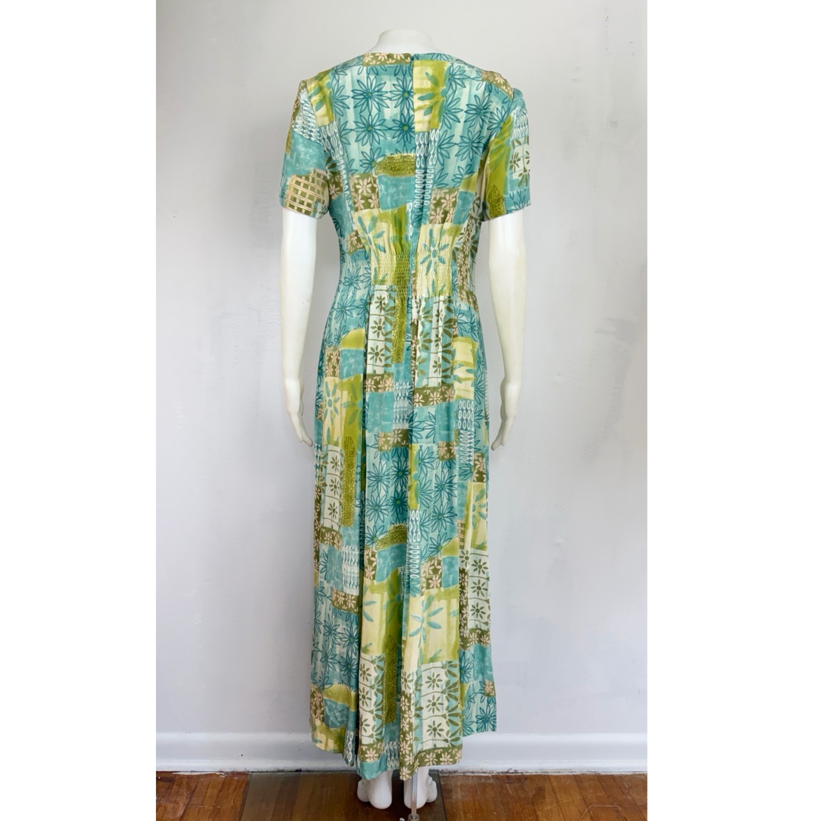 Vintage Patchwork Floral Print Silk Dress 90s Maggy London Green/Blue Maxi