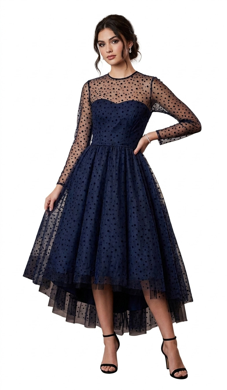 Arnold Scaasi Navy Tiered Tulle Dress Sheer Velvet Polka Dot Overlay Medium Prom