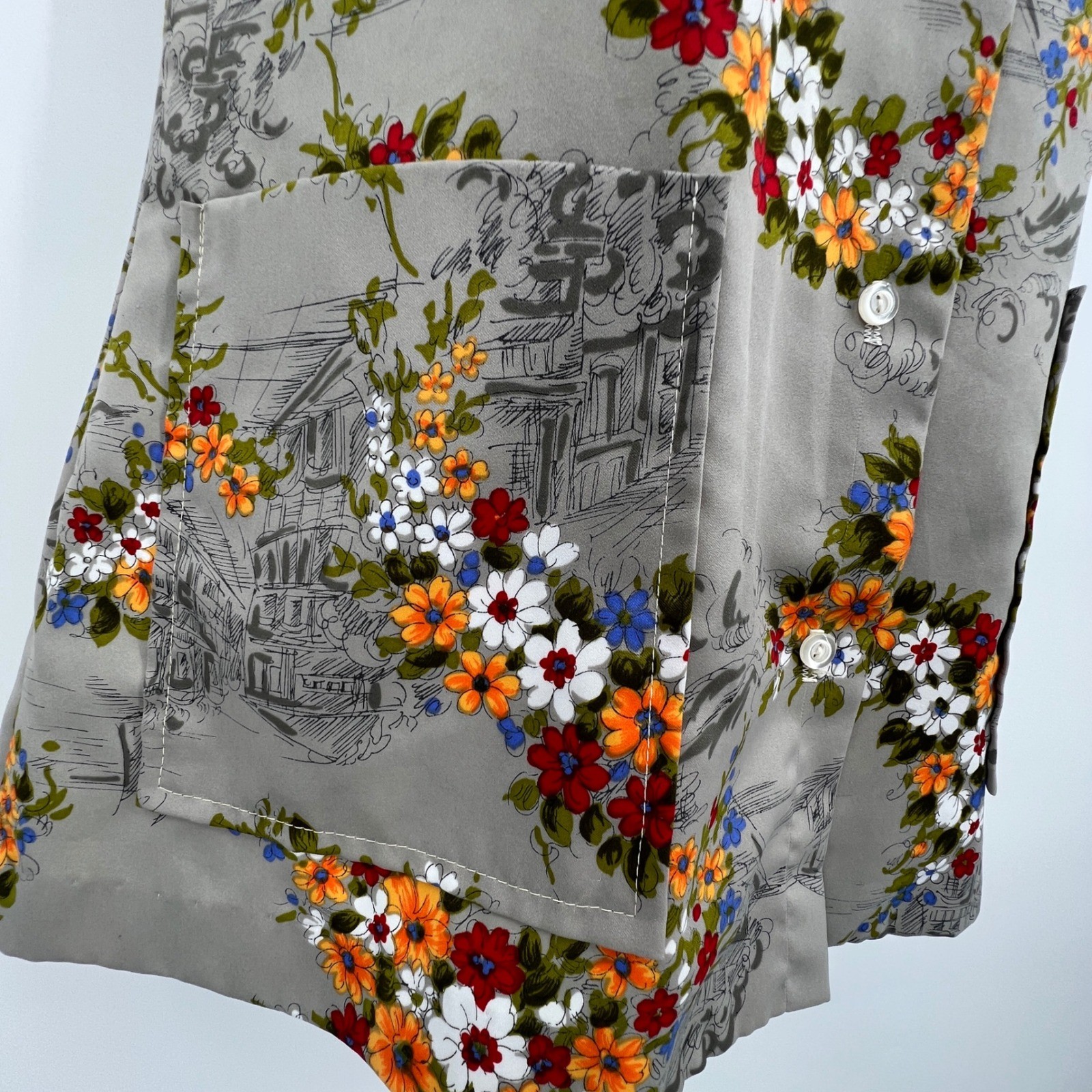 Vintage 70s Dagger Collar Artist Smock Blouse Floral Gray Pockets MCM Darts