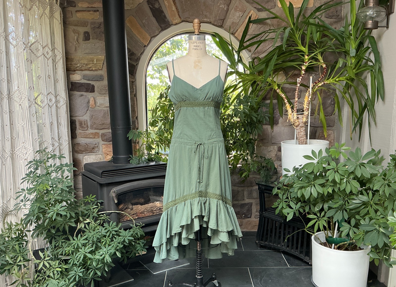 Vintage 1990s Khaki Green Cotton Asymmetrical Hem Sun Dress JFW India