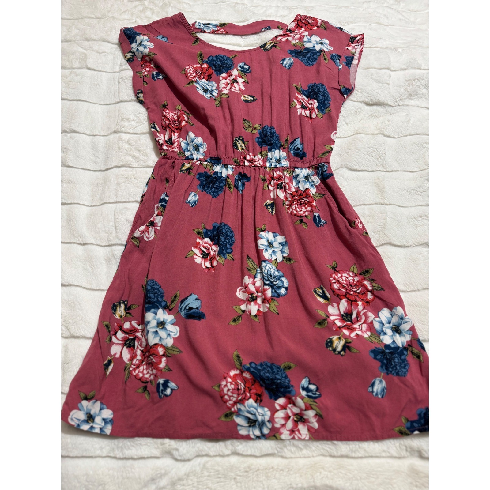 Pink Rose Vintage Floral Dress Medium Mauve Pink Boho Pocket Fit & Flare Rayon