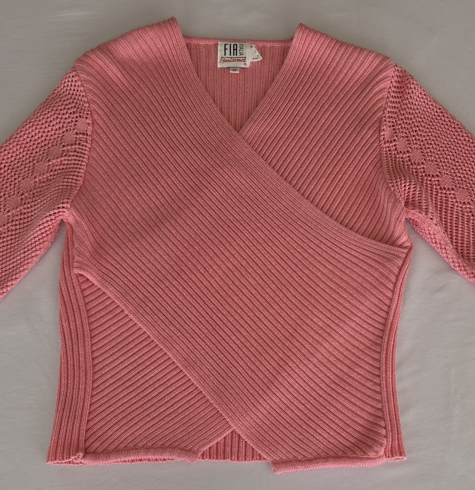 Vintage Fia Italia Handloomed Pink Long Sleeve Wrap Style Sweater Size Medium