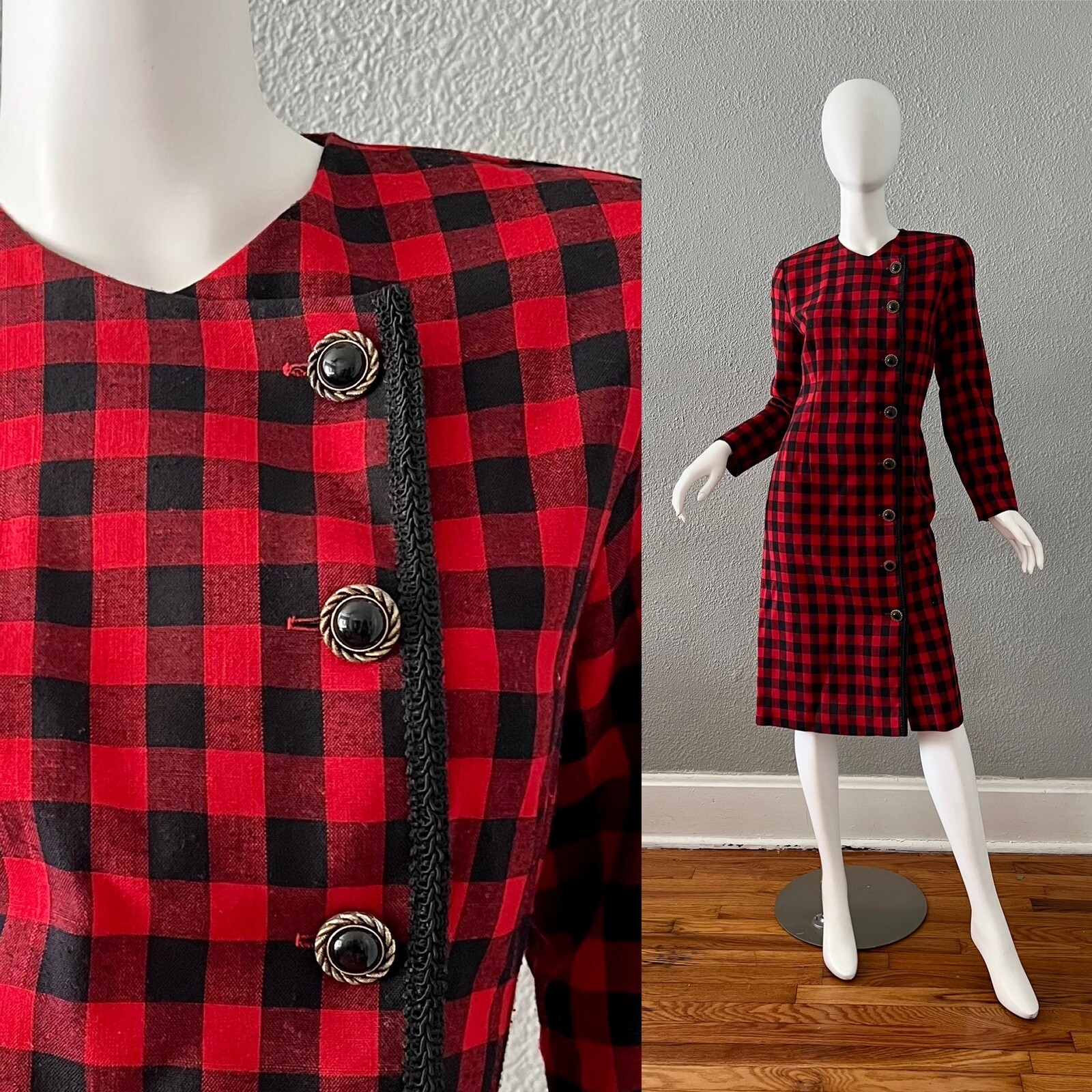 Vintage 80s Red Checkered Long Sleeve Dress