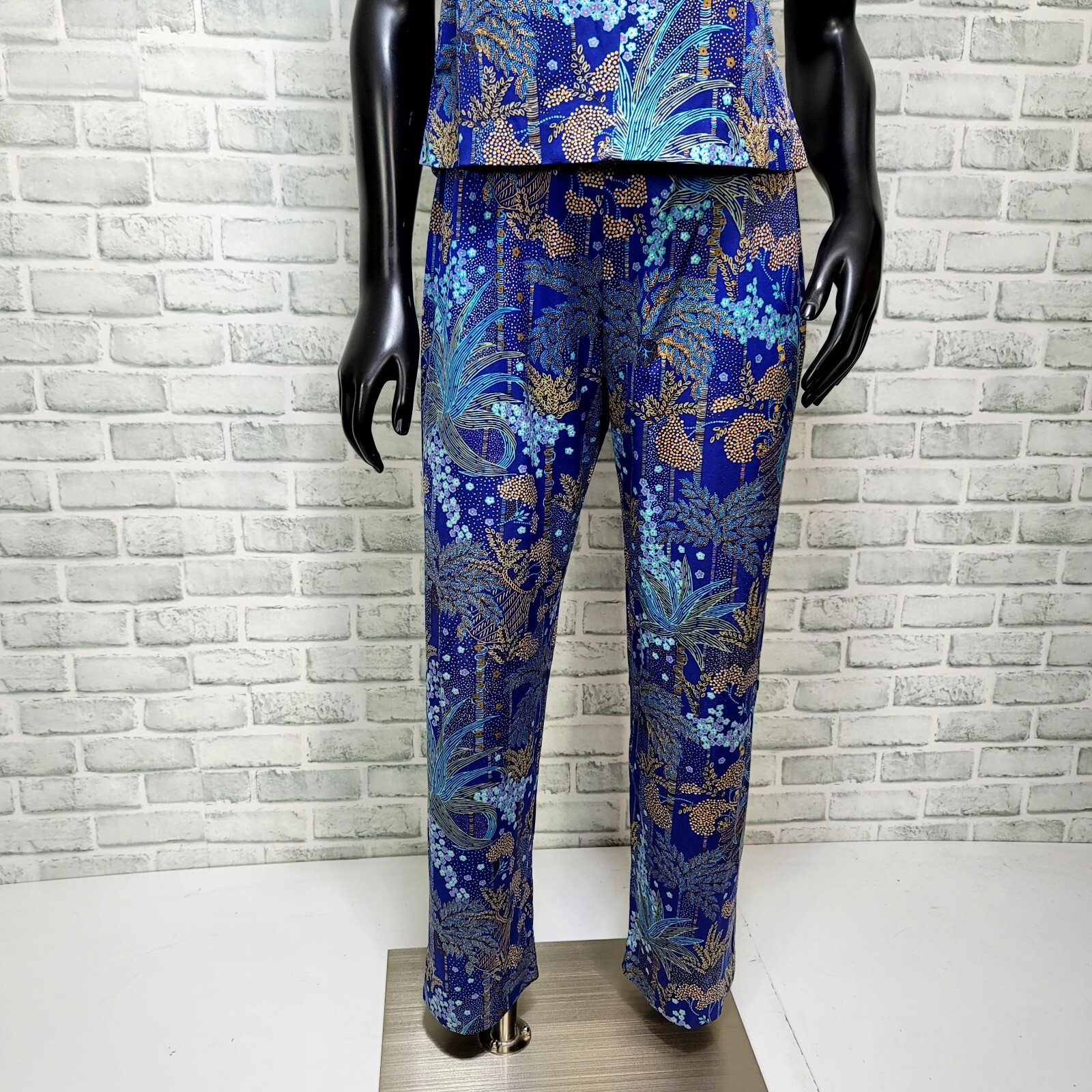 Vintage 70s Blue Tropical Print Pant Set Womens M Lounge Resort Mod 2 Piece USA