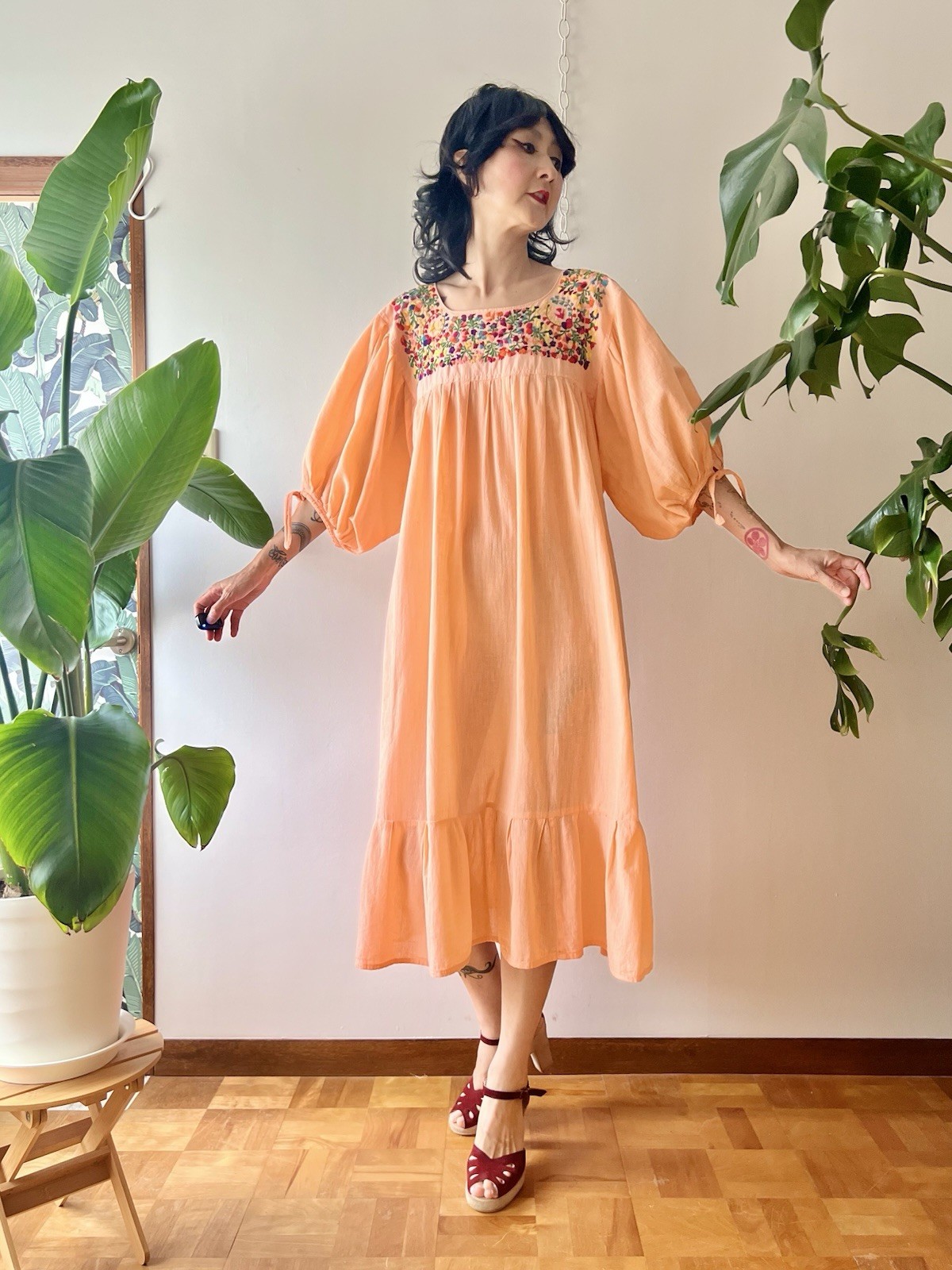 70s Mexican Embroidered Pink Gauze Dress Balloon Puff Sleeves Folk Boho Hippie