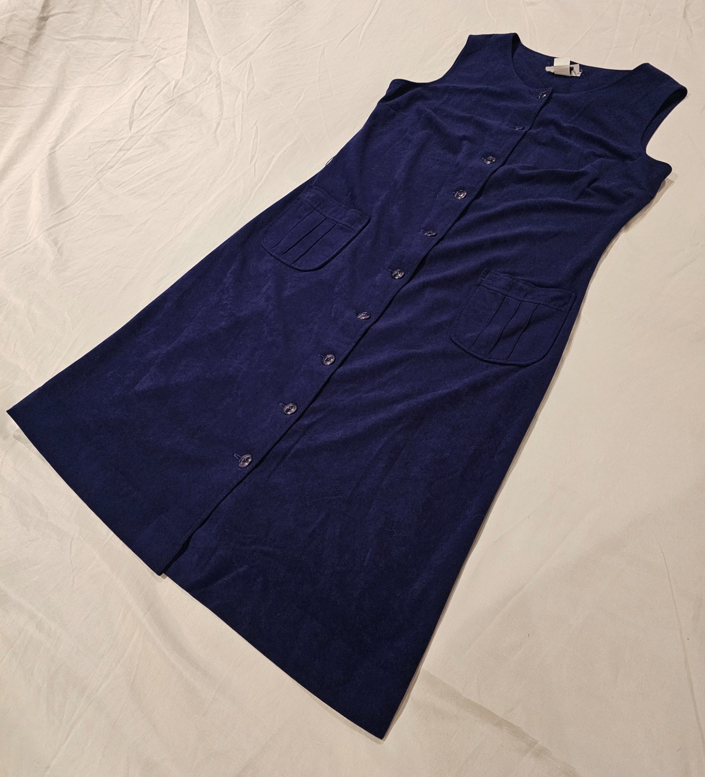 VTG 1970s Jo Hardin Navy Blue Suede A-Line Midi Dress Button Front Pockets Sz 16