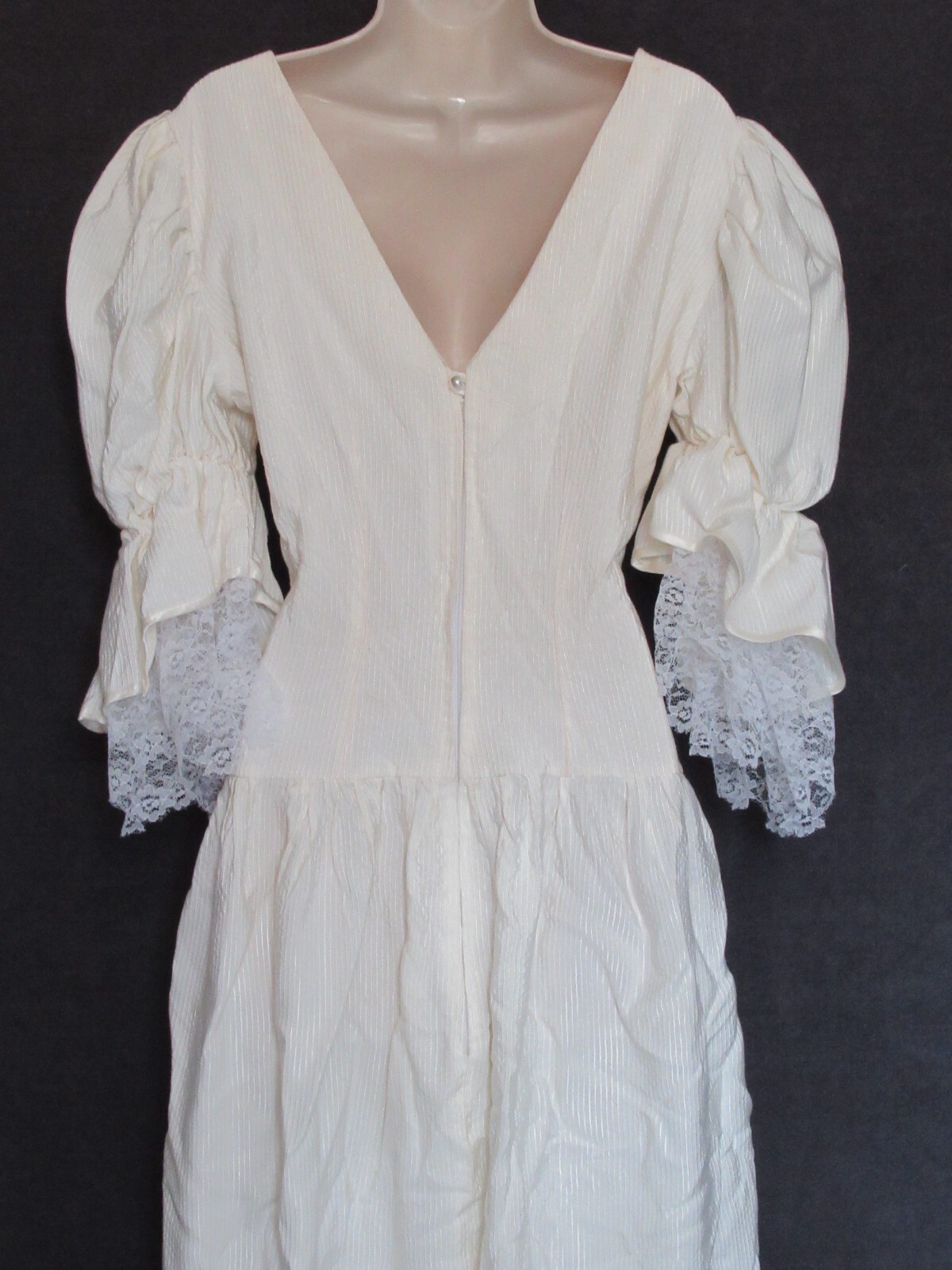 Vintage Ivory Stripe Lace Peasant Princess Bride Victorian Puff Sleeve Dress XL