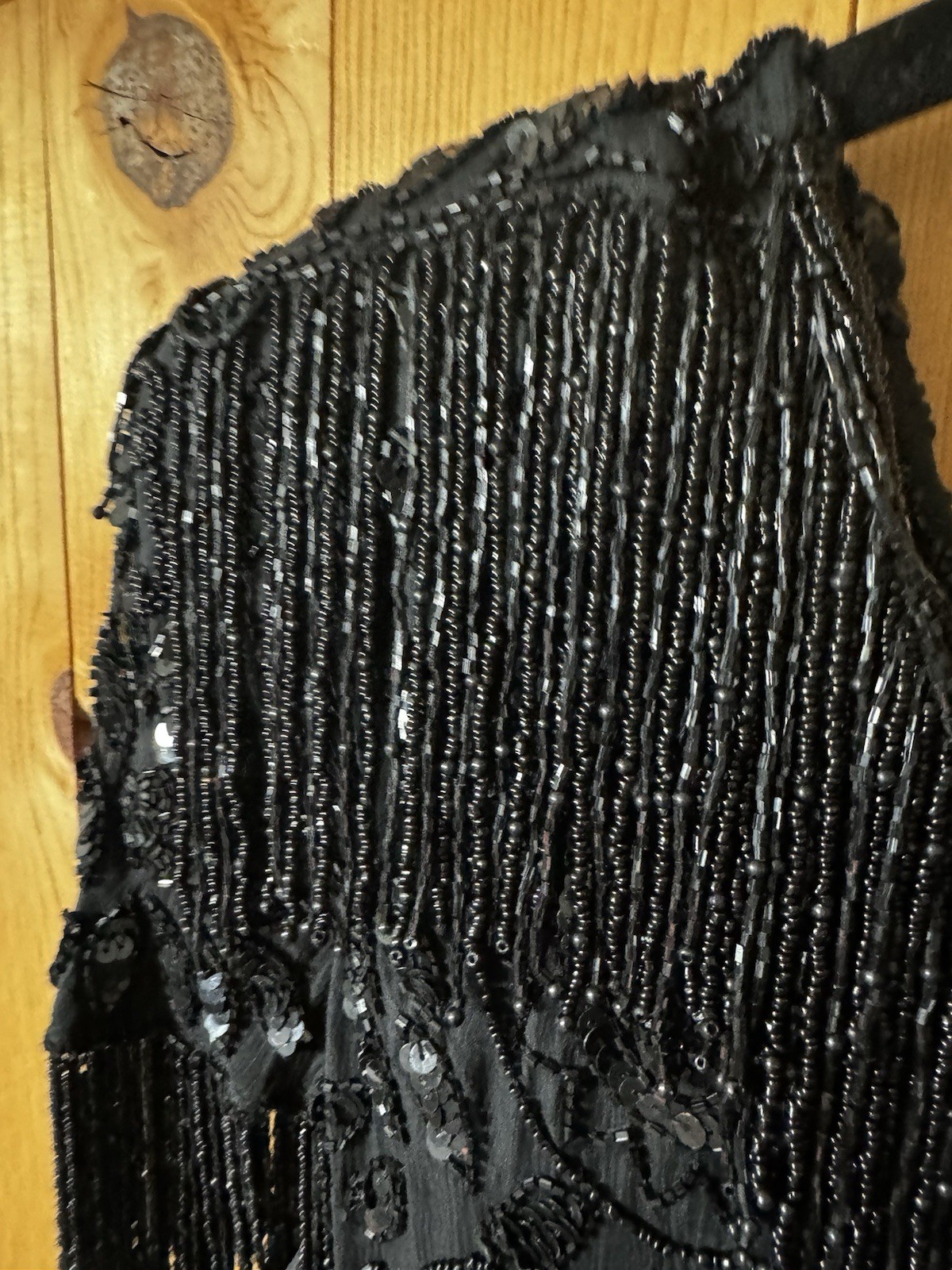 Mid 1990’s Black Tan Chho Sequinned & Beaded Dress with Fringe 2X BUST 44-48”