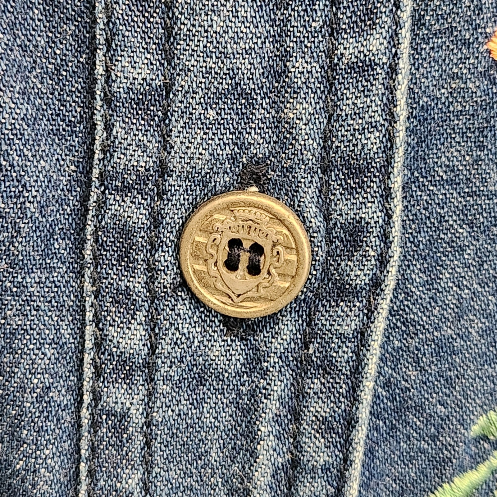 Vintage National Denim Button Jacket Size 14 Embroidered Floral Applique Cotton