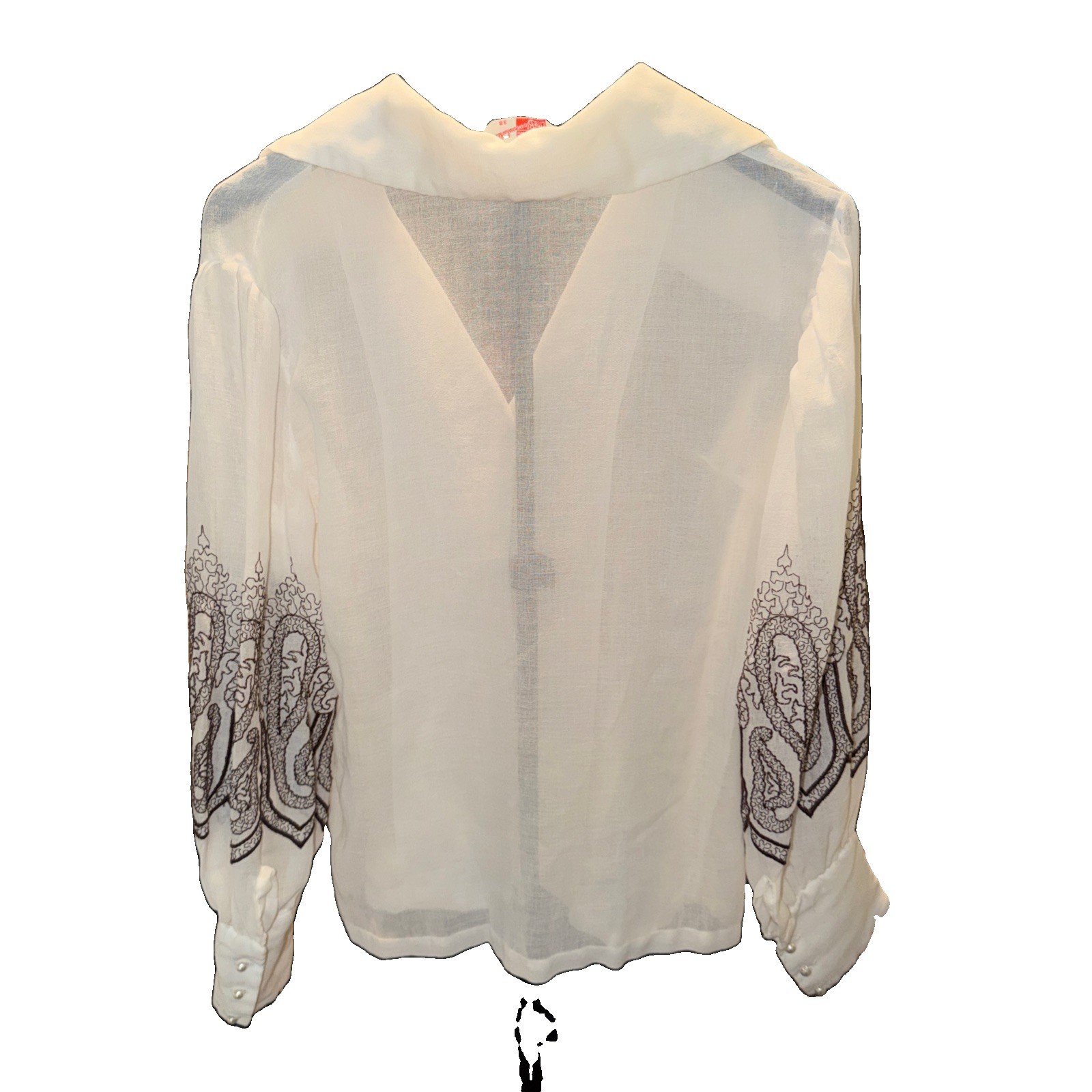 Vintage 70s Laura Mae Polyester Long Sleeve Blouse White Brown Embroidery