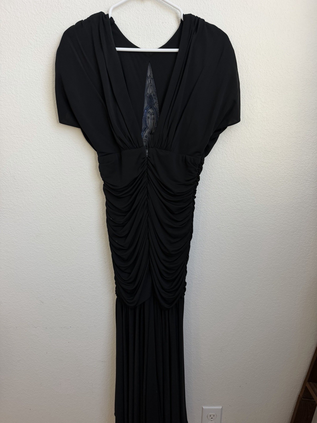 VTG 80s Casadei Black Beaded Dress Small Draped Ruched Lace Evening Dynasty Era