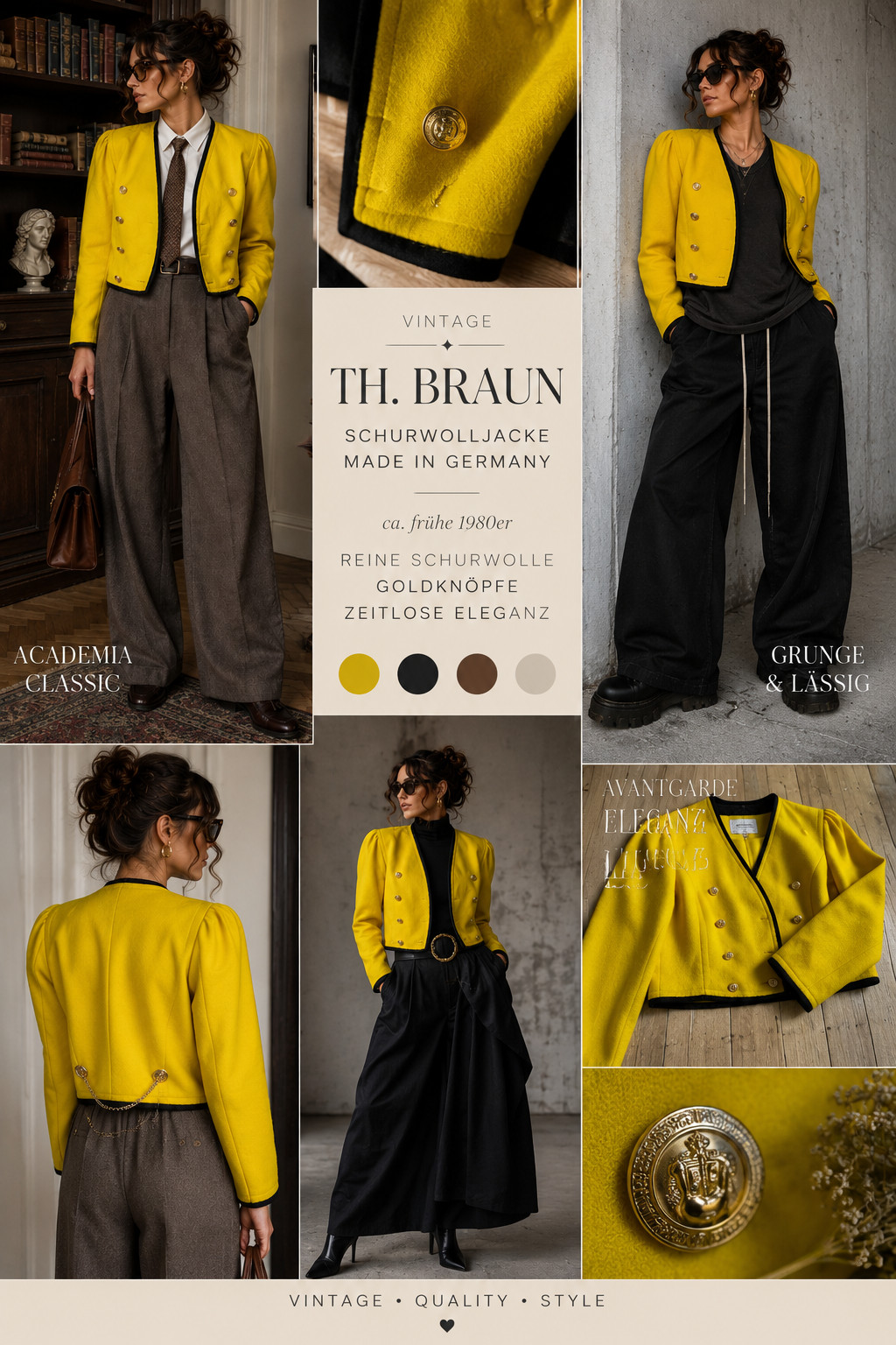 TH Brown Vintage Virgin Wool Jacket Yellow Gold Buttons Couture Germany Size 38-42 ✨