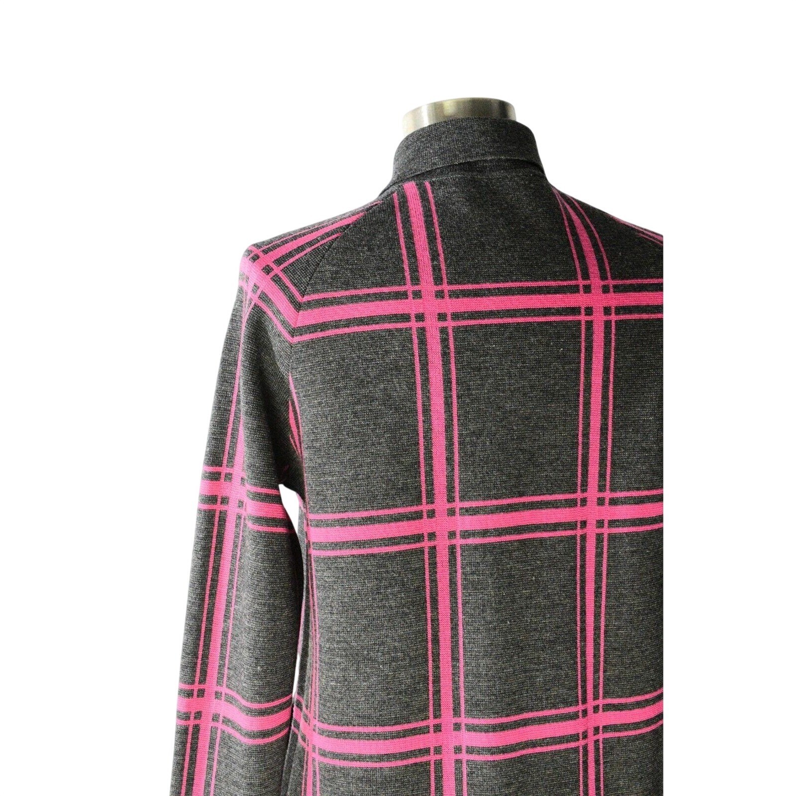 60s Vintage 100%Wool Hot Pink Knit Jacket Womens M Band Collar Plaid Sweatercoat