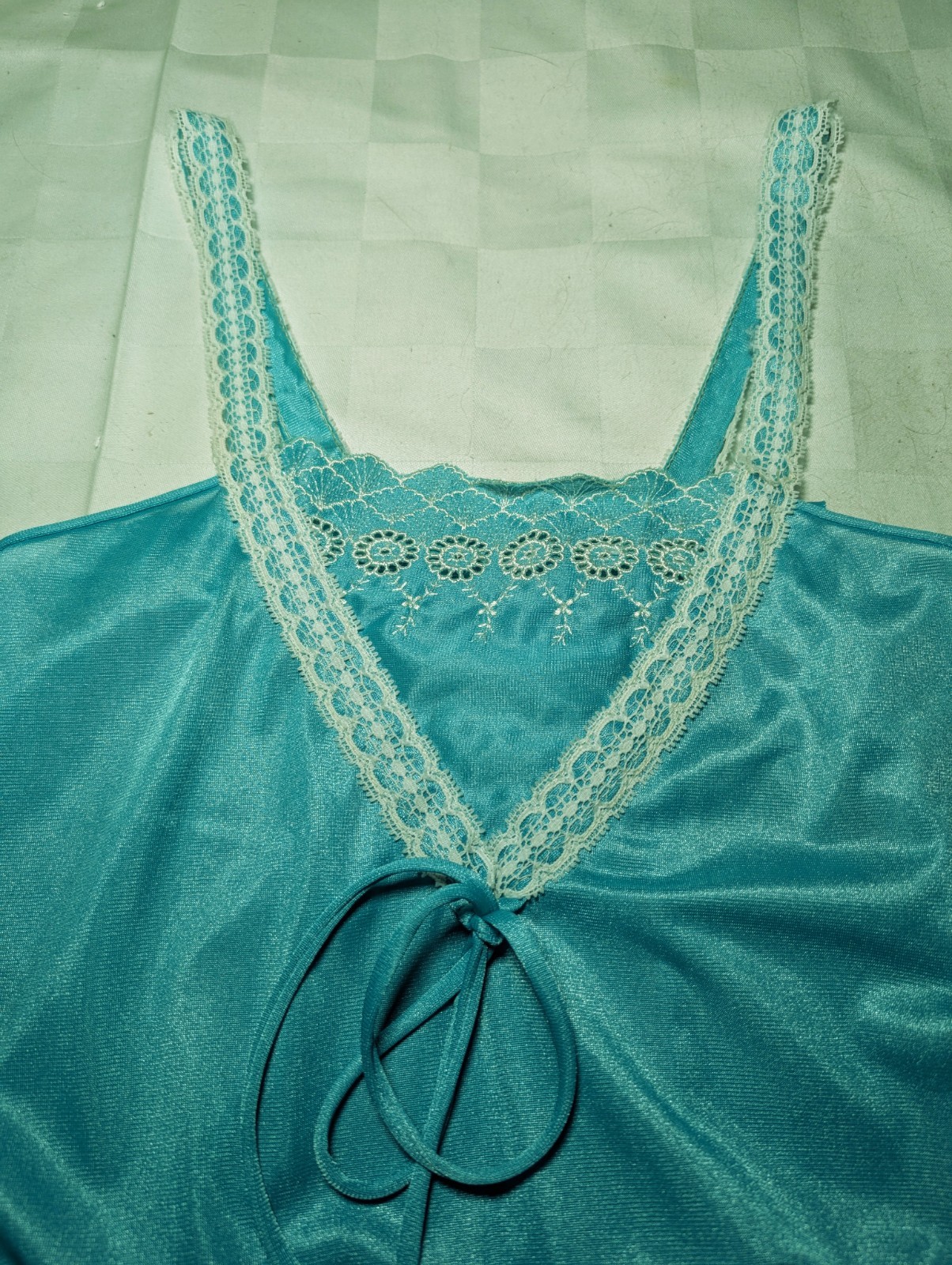 UNDERCOVER WEAR Turquoise White Lace Trim Sexy Maxi Nightgown Women’s Small VTG