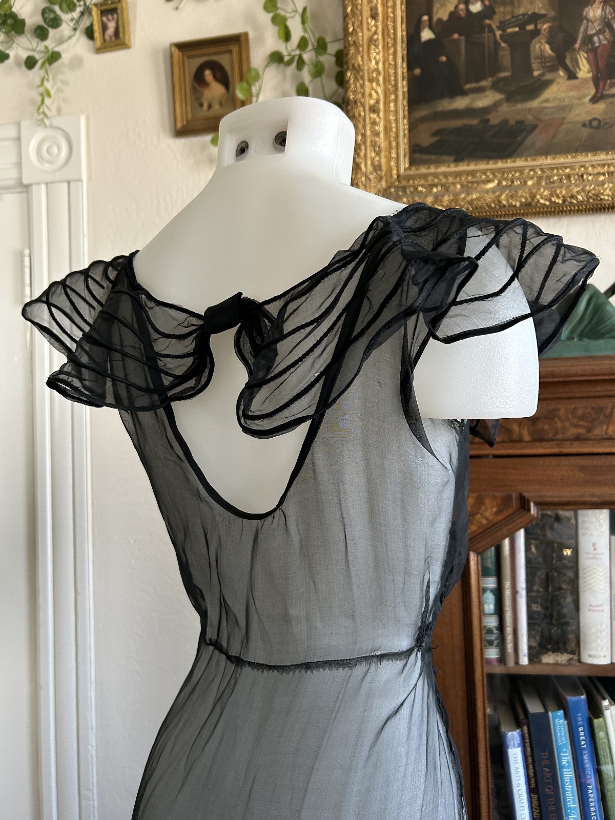 Vintage 1930s Sheer Black Mesh Net Gown Dress Bolero Set Bias Cut Deco Maxi S/M