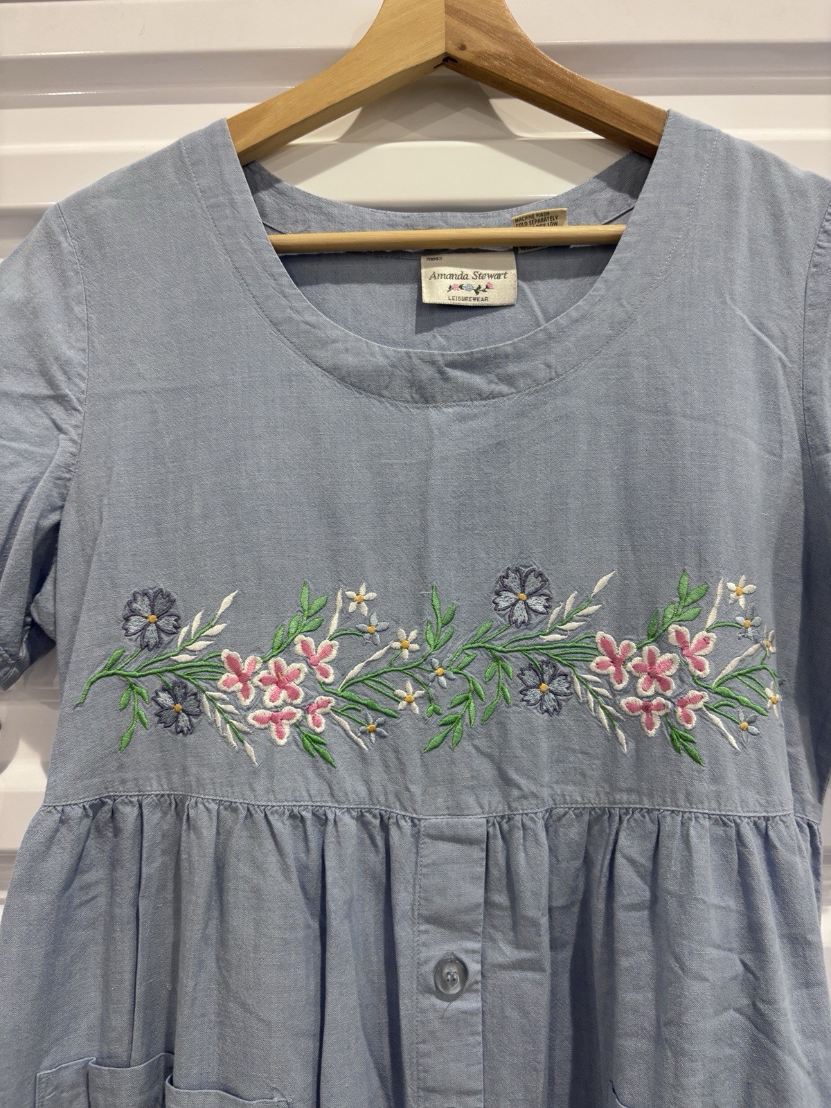 VTG 90s Amanda Stewart Chambray Floral Embroidered Dress Size S Cottage Core USA