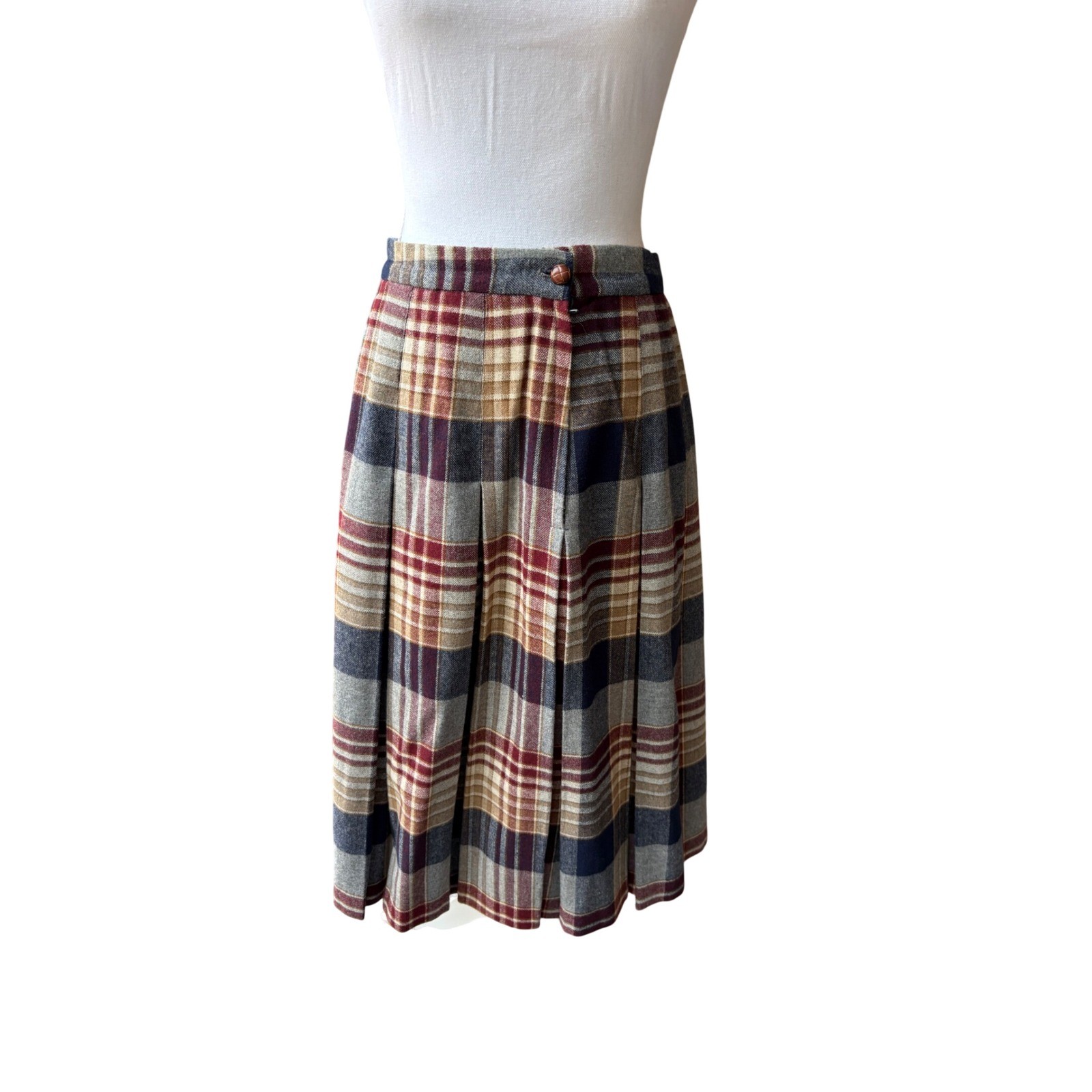 Vintage Plaid Pleated Midi Skirt Earthy Wool Blend Size 13