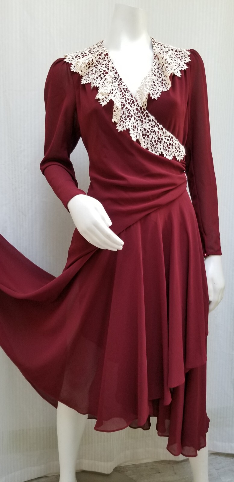 Vintage CASADEI Burgundy Chiffon Wrap Dress w/ Crochet Trim – Size S – EUC