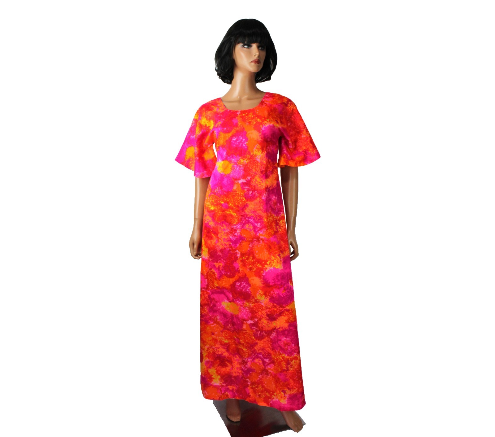 70s Hawaiian Maxi Dress Sz XS Vintage Bright Orange Pink Floral Long Cotton Mumu