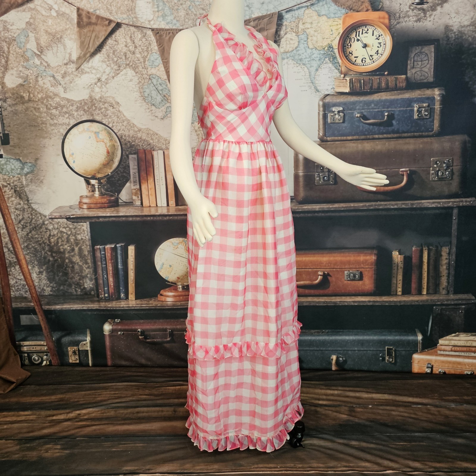 Vintage 1970s Maxi Dress Sundress Pink and White Gingam Check Ruffled V-Neck
