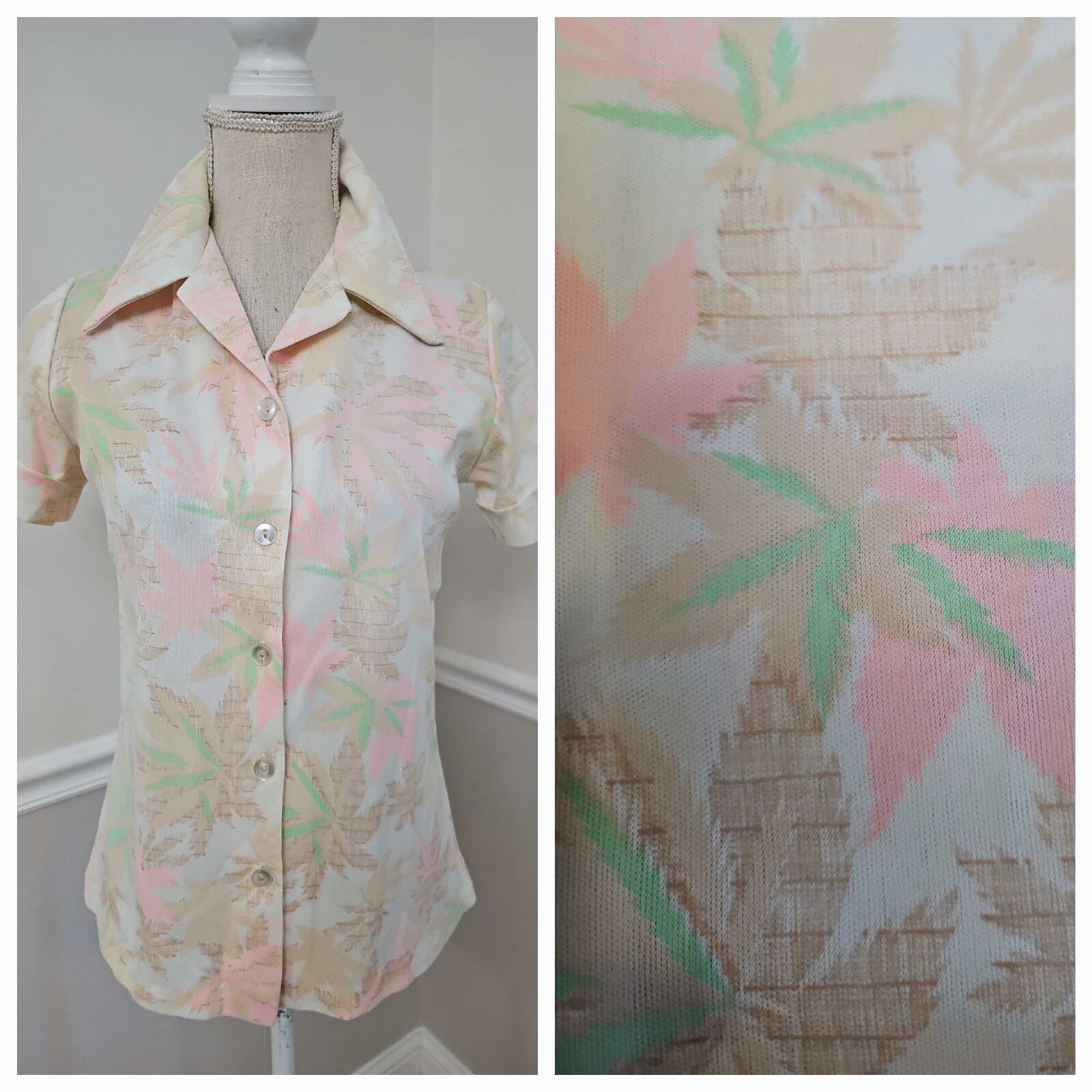 Vintage’70 Retro Hippie Mod Gogo Cannabis Patterns Top/Big Collar