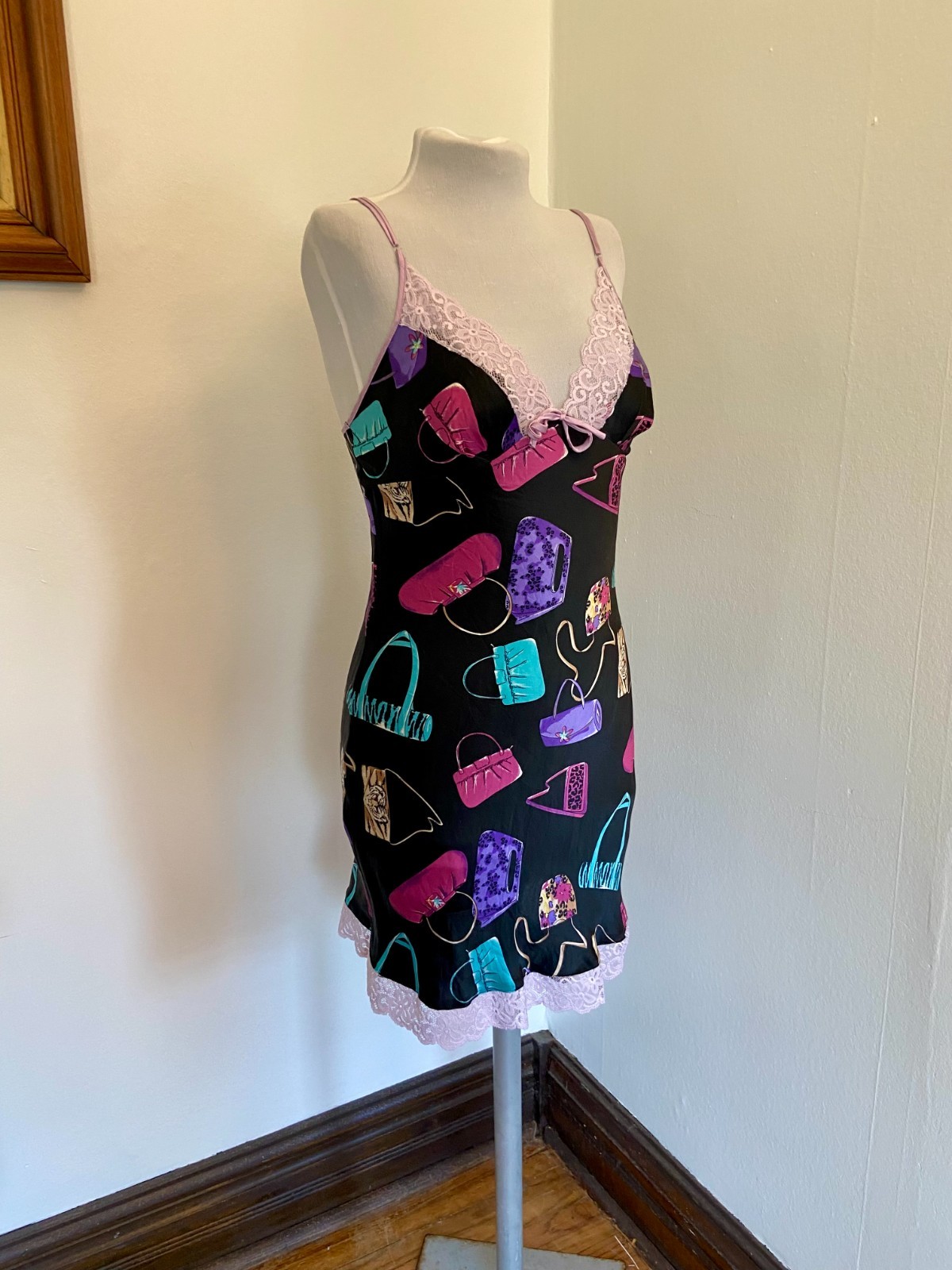 VTG Nicole Miller 2000 100% Silk Slip Dress Bag Purse Print Animal Lace RARE Pur