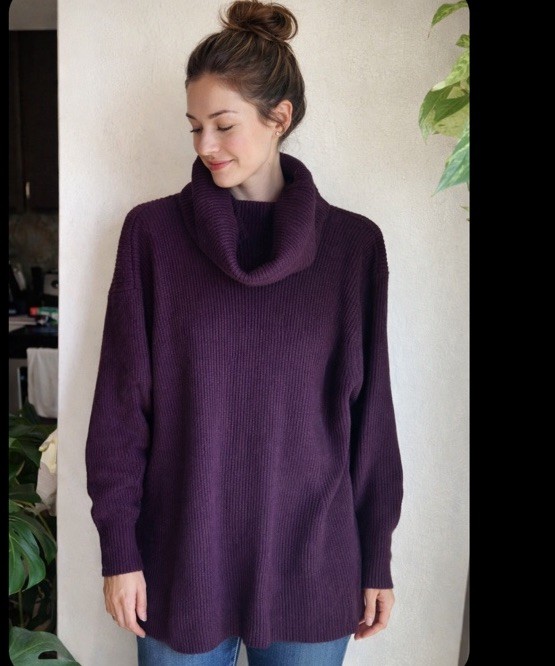 Vintage Brooks Brothers Wool Cowl Neck Tunic Sweater Women SZ-L- Ribbed Purple