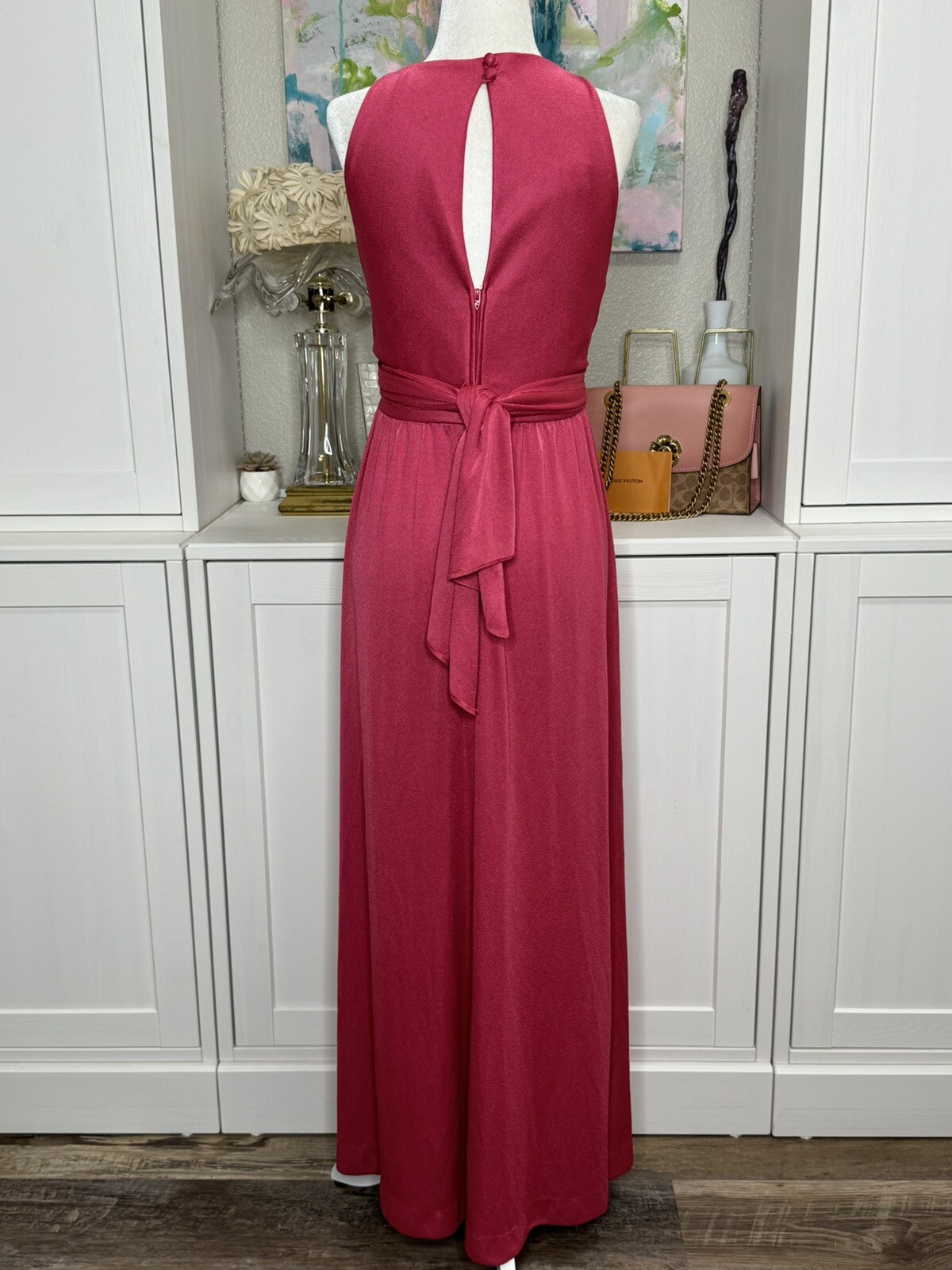 1970s Pink Disco Dress V-neck Halter Wrap Around Tie Small Polyester