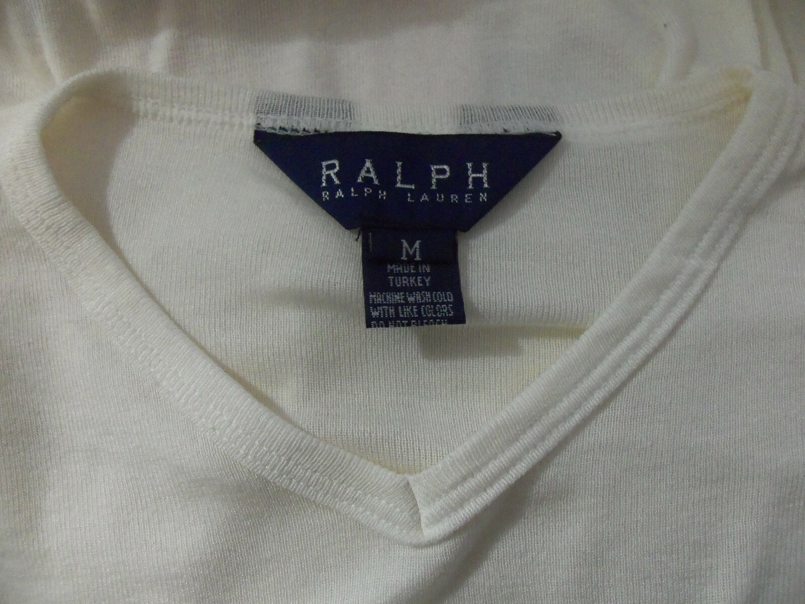 RALPH Ralph Lauren White 100% Cotton Knit High V-Neck Long Sleeve T-Shirt – M