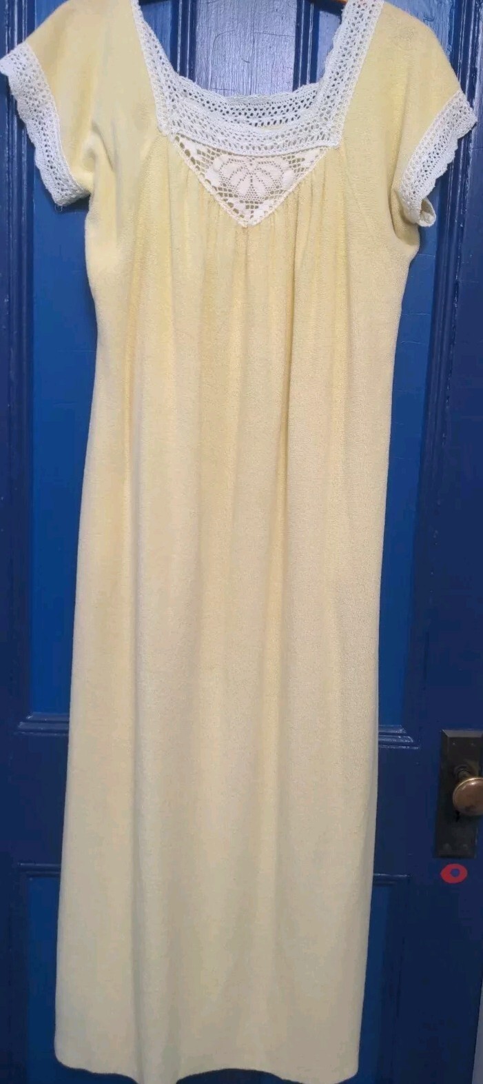VTG Katz Women’s Terry House Dress/Kaftan/Crochet/Pockets Medium Yellow EUC 70s