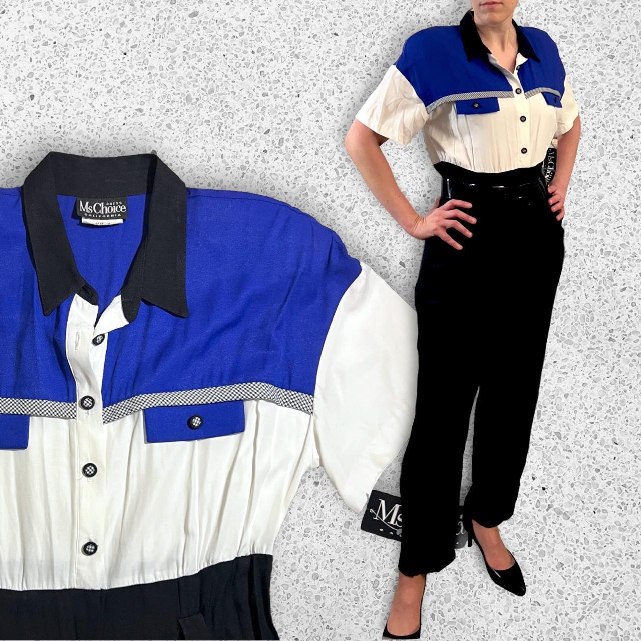 Vintage 90s Jumpsuit & Belt Blue Black White Checkered Shoulder Pads Ms Choice