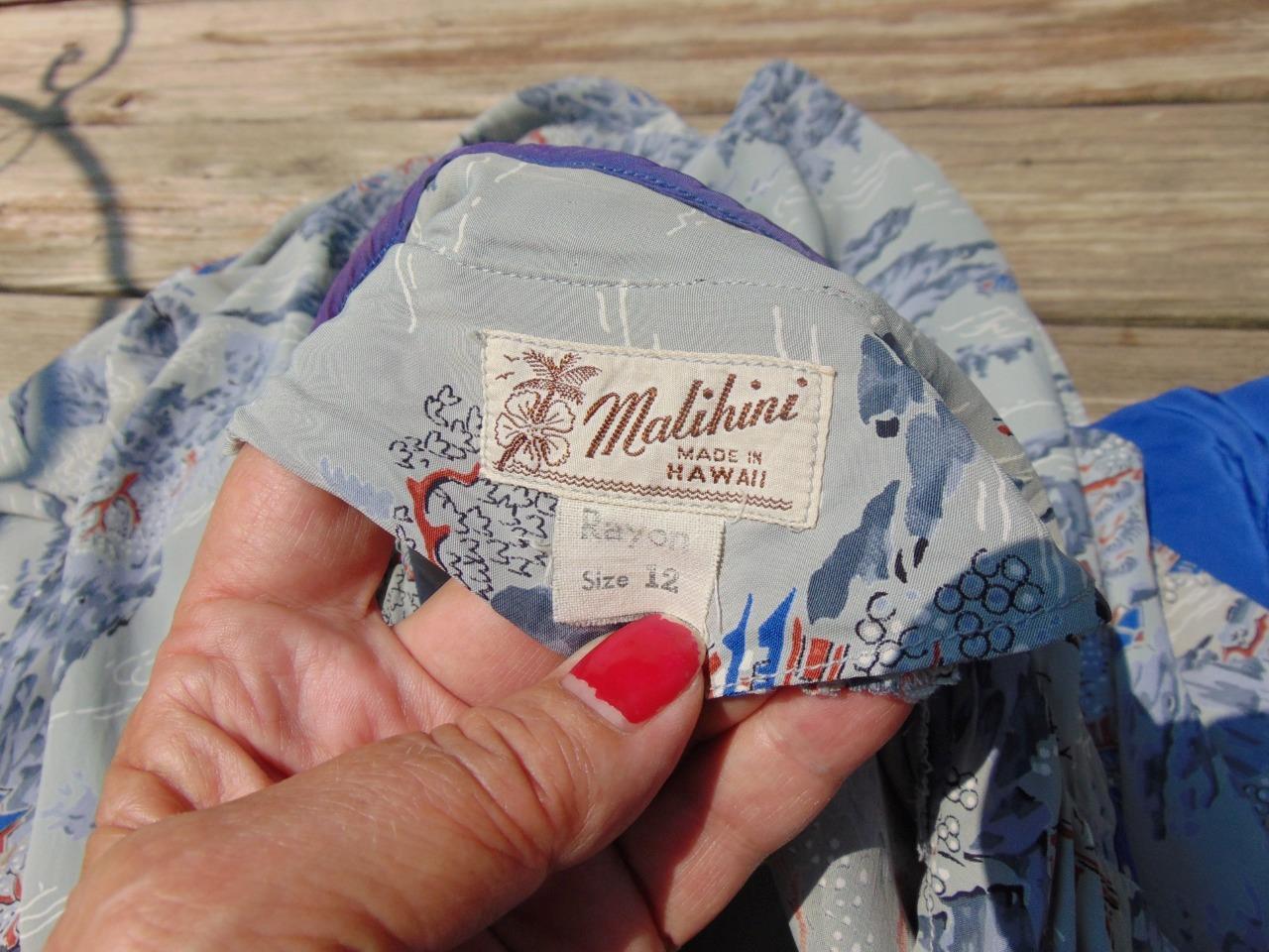 VTG 40s Malihini Hawaii Gray & Blue Rayon Pake Muu 28W