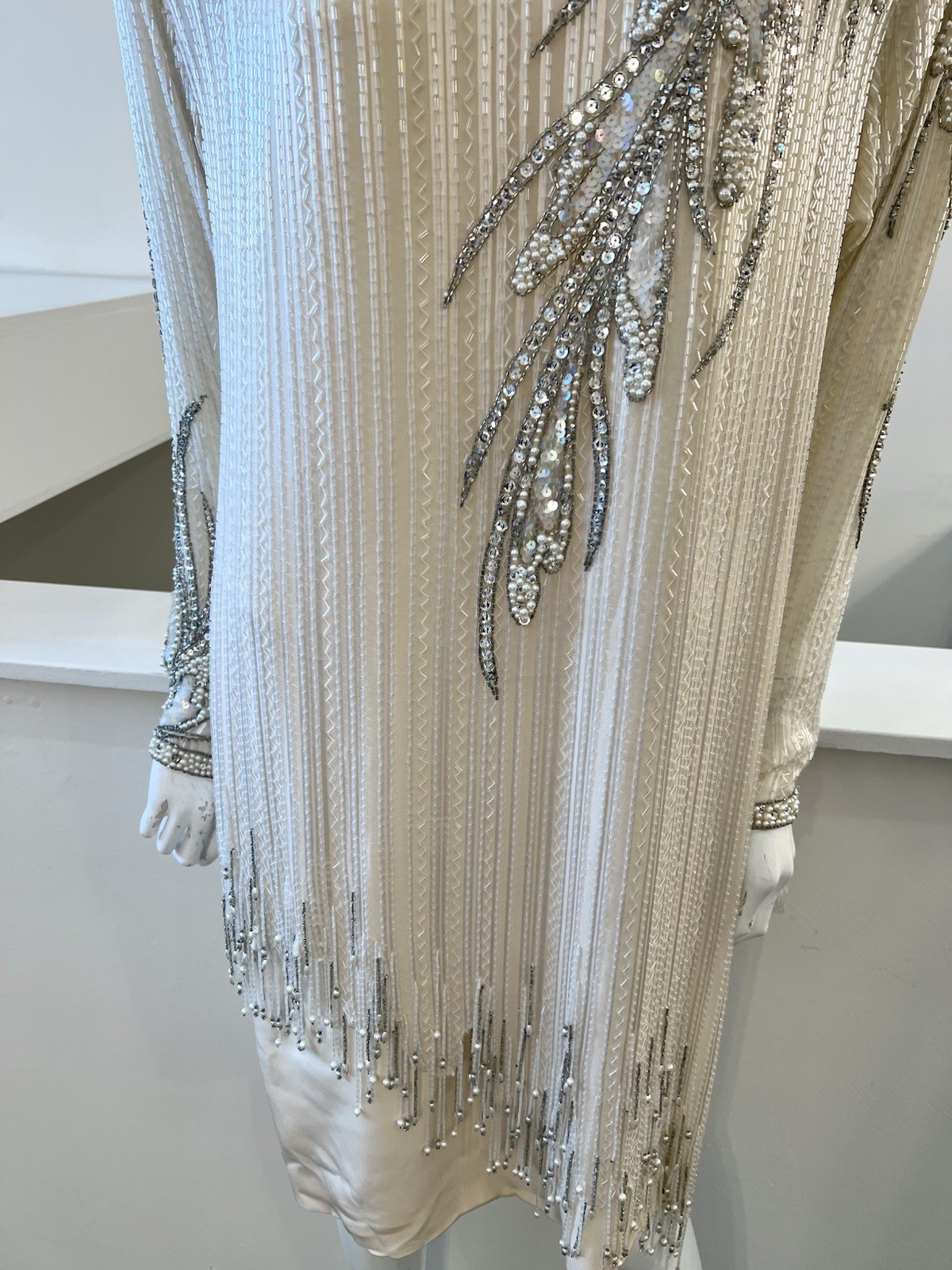 1980s BOB MACKIE Cream & Silver Beaded Silk Evening Dress Size 12