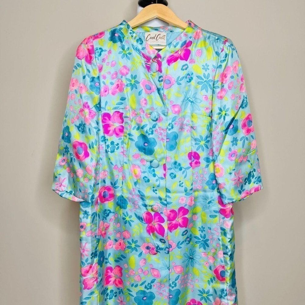 Vintage Floral Trench Coat Overcoat Blue Pink Psychedelic Mod 60s Mid Length