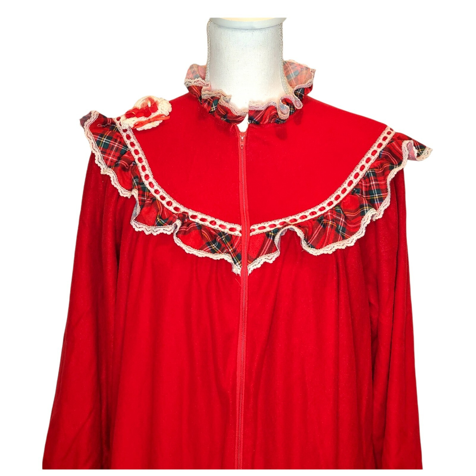 Vintage Christmas Velour Red Housecoat Robe Zip Front Long Plaid Ruffles Small