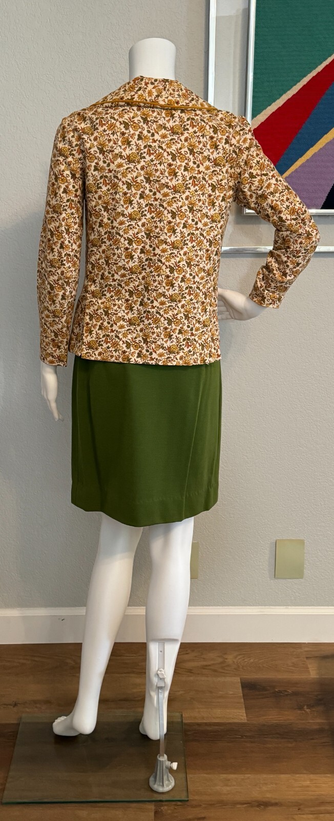 Vintage 70s Robbie Rivers Army Green, Gold, Brown Flower Jacket & Catilina Skirt