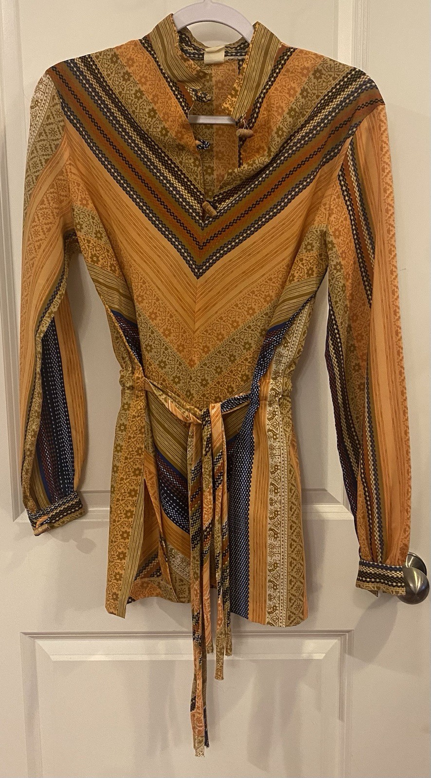 Vintage Mid Century Modern Tunic Dress Sz 14 Orange Blue Tan Multi Print 1970’s