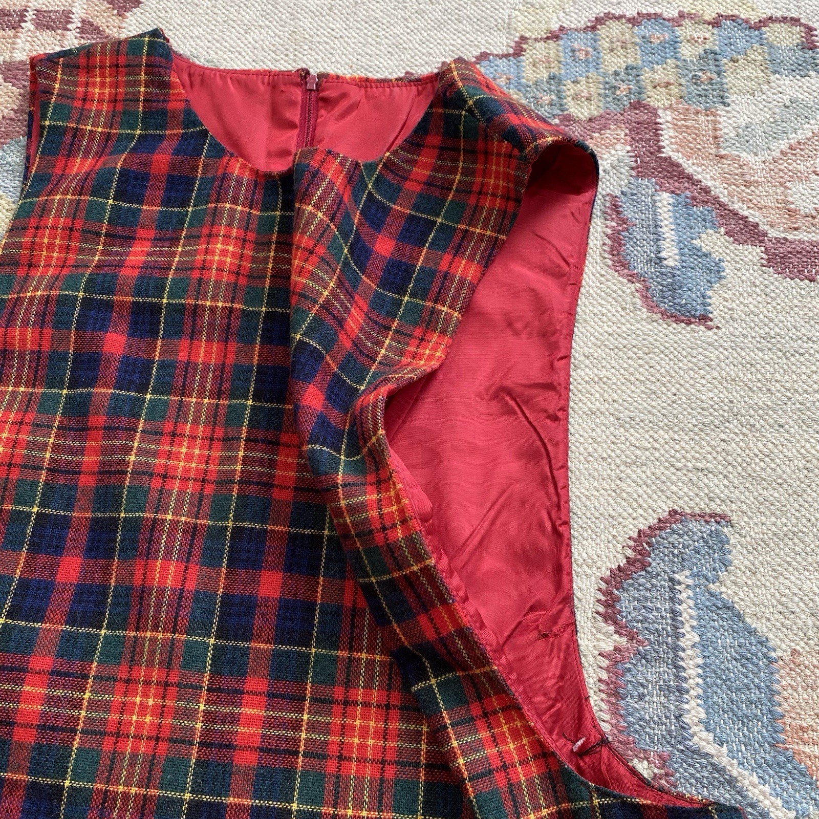 Vintage 70s Red Tartan Plaid Dress Sleeveless Medium Large Cottage