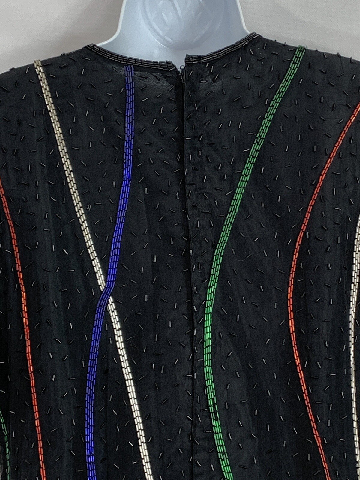 NWTs Vintage Sweelo Sz M Silk Black Multicolored Beaded Dress Lined Short Sleeve