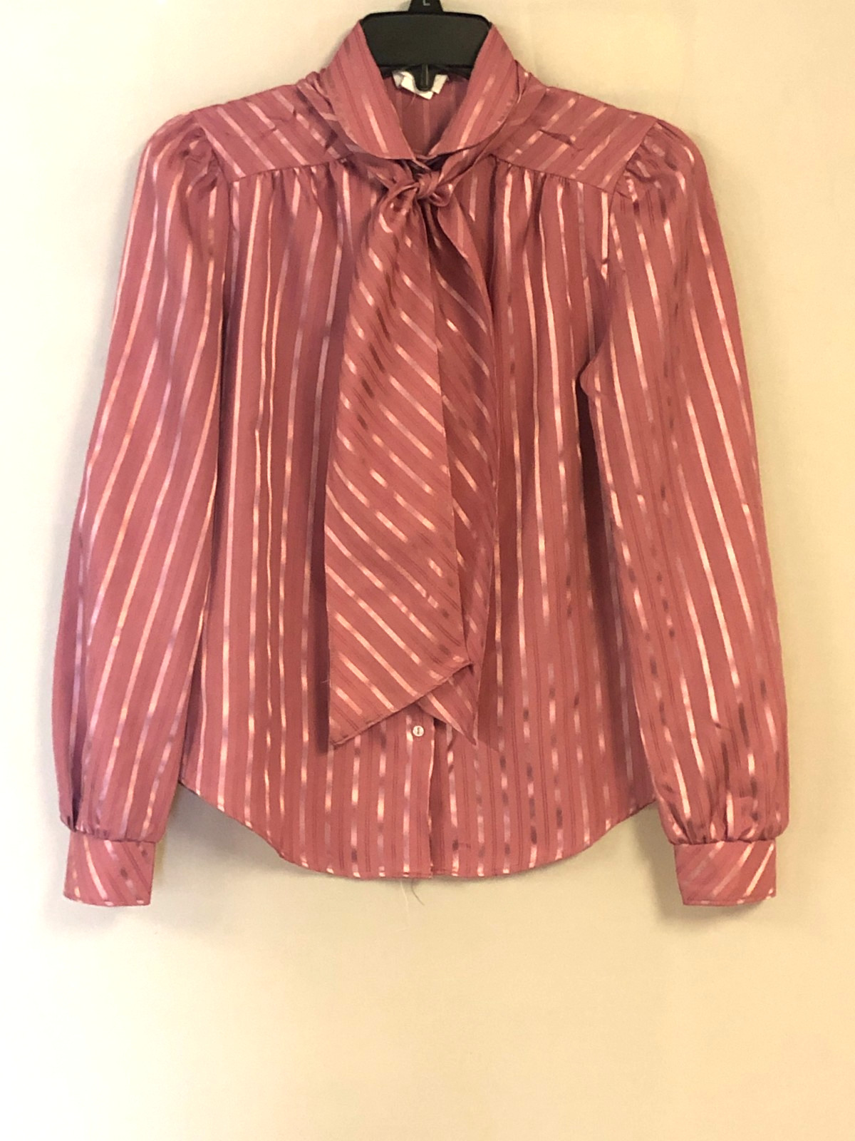 Vtg 70s Langtry Satin Striped Size 7/8 Mauve Blouse Pussy Bow Top Long Sleeve
