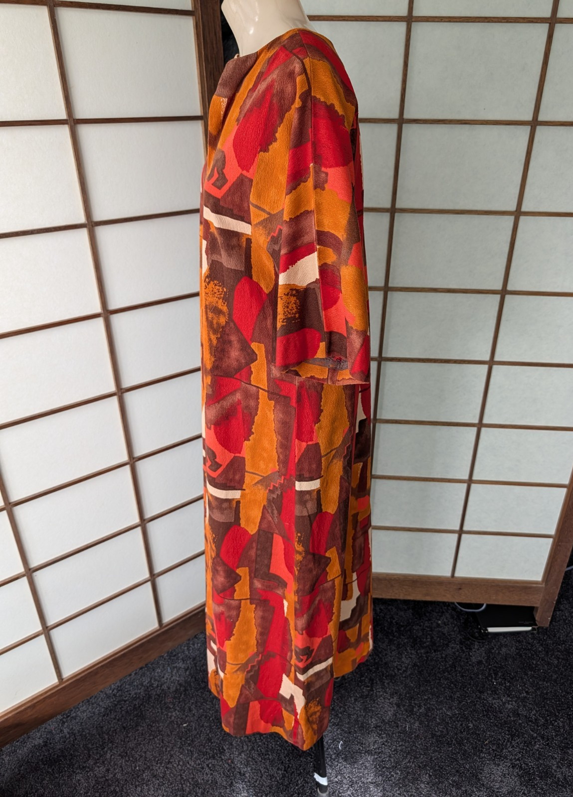 Vtg 70s Bark Cloth Caftan Dress MuuMuu Hand Made Abstract Geometric Hippie Boho