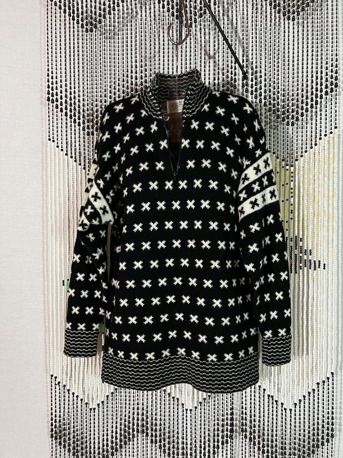 VTG 90s Brass Plum Nordstrom Wool Hip Sweater Turtleneck Zip Black White Geomt M