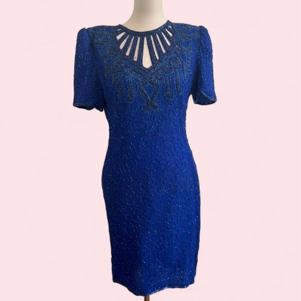 Vintage Lawrence Kagan 100% Silk Royal Blue Beaded Cutout Dress — Size L