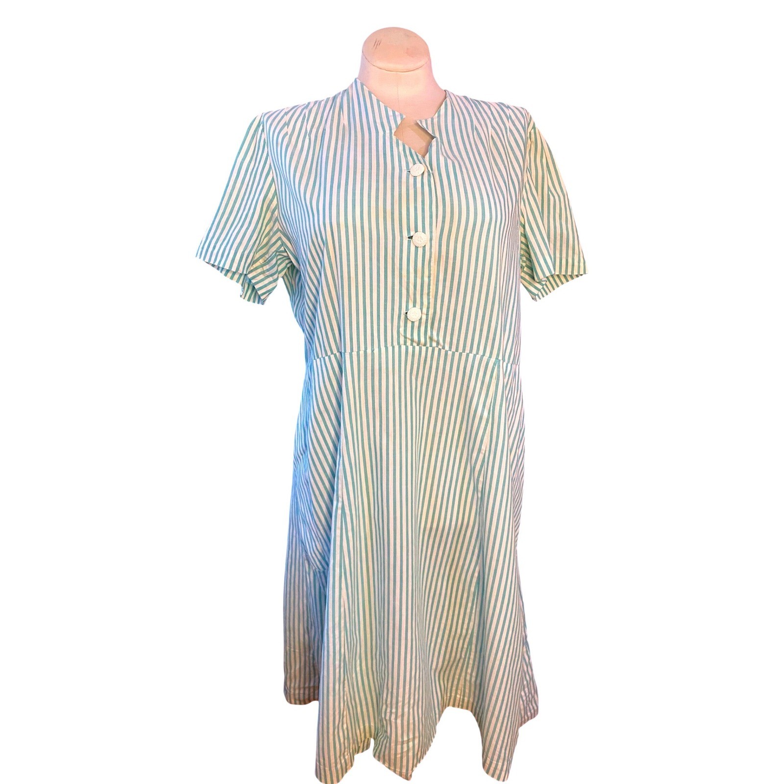 VTG 50’s Teal White Striped Short Sleeve Day Dress handmade rockabilly