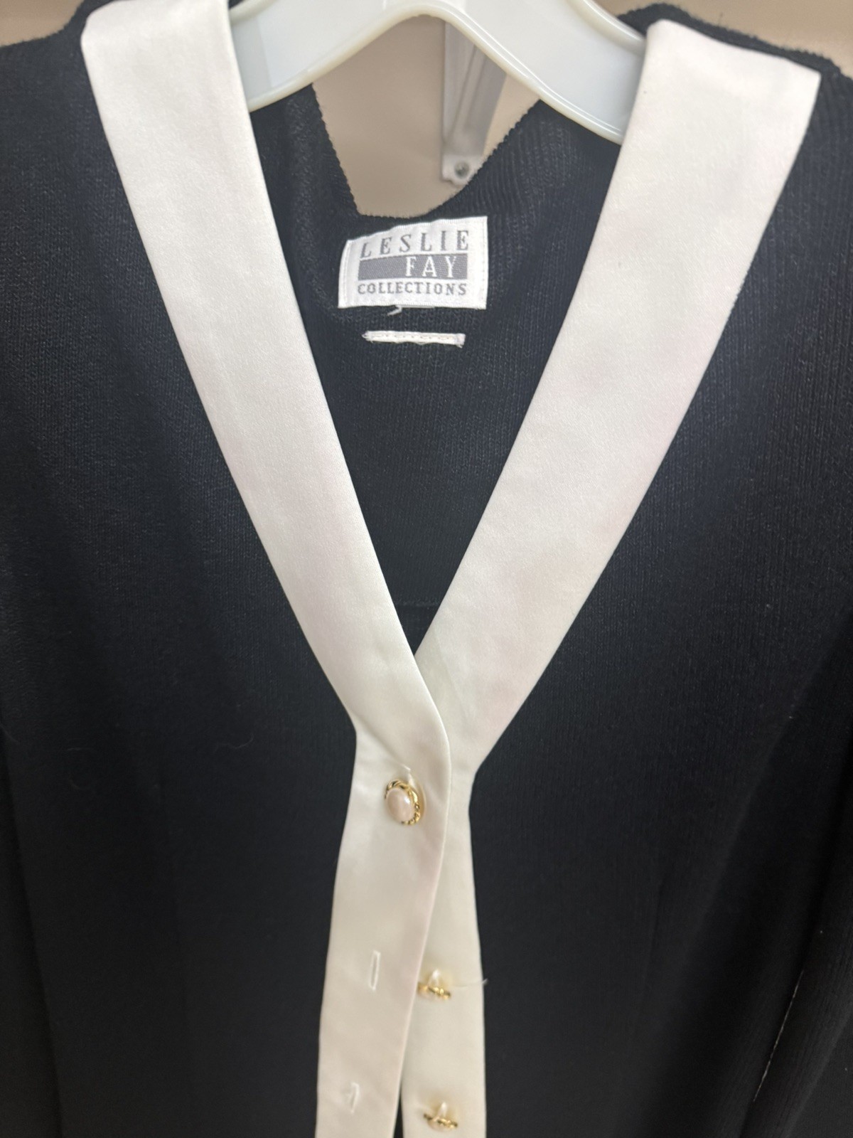 Vintage Leslie Fay Black White Contrast Dress Gold Button 80s 90s Power Career