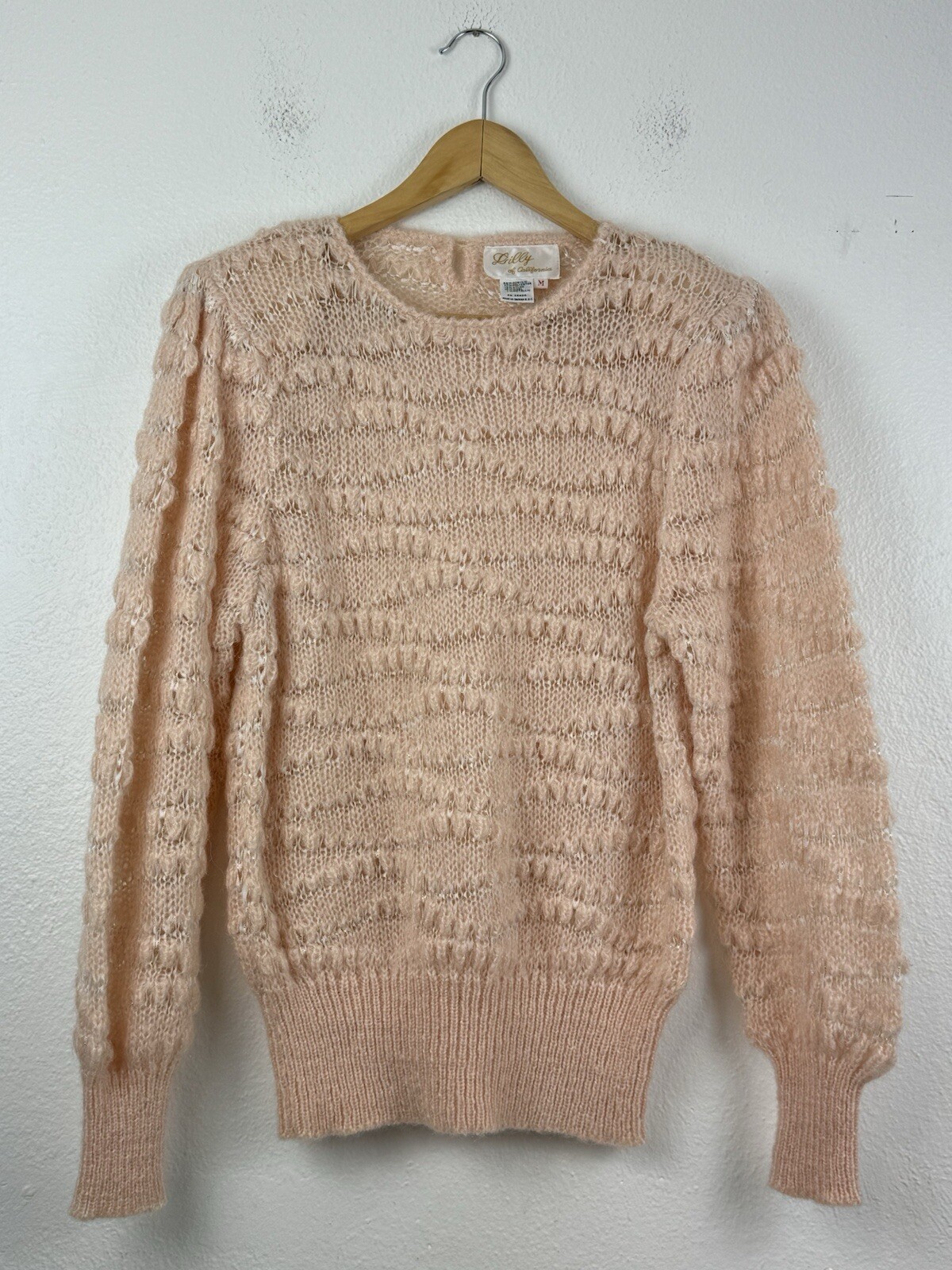 Vintage Lilly Of California Pink Boho Sweater Chunky Loose Knit Shoulder Pads M