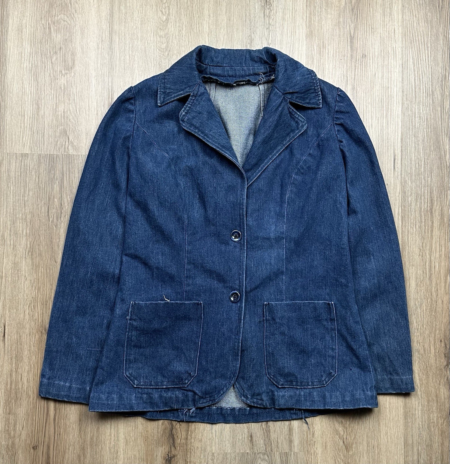 70s VINTAGE Handmade Denim Blazer Women’s Small Shawl Collar Jacket Military