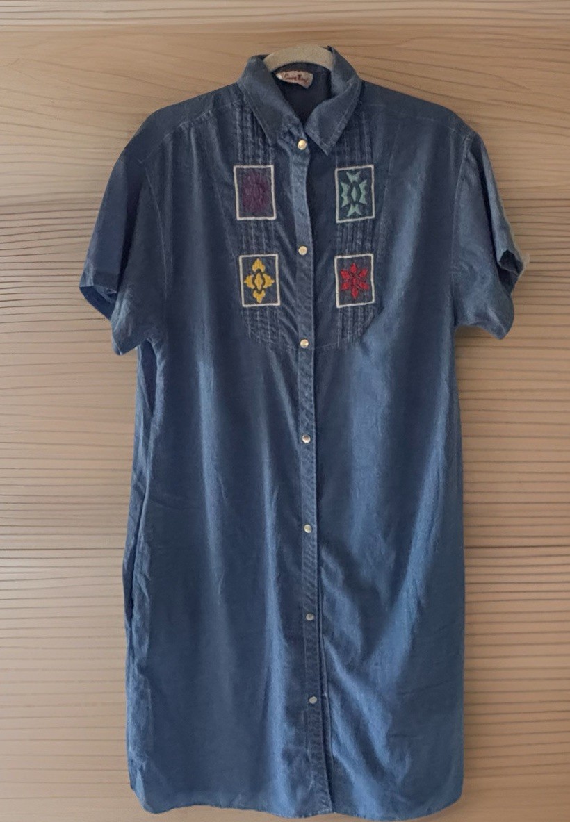 Vtg Smart Time House Dress Comfortable Large Snap Front Blue Cotton 1970’s