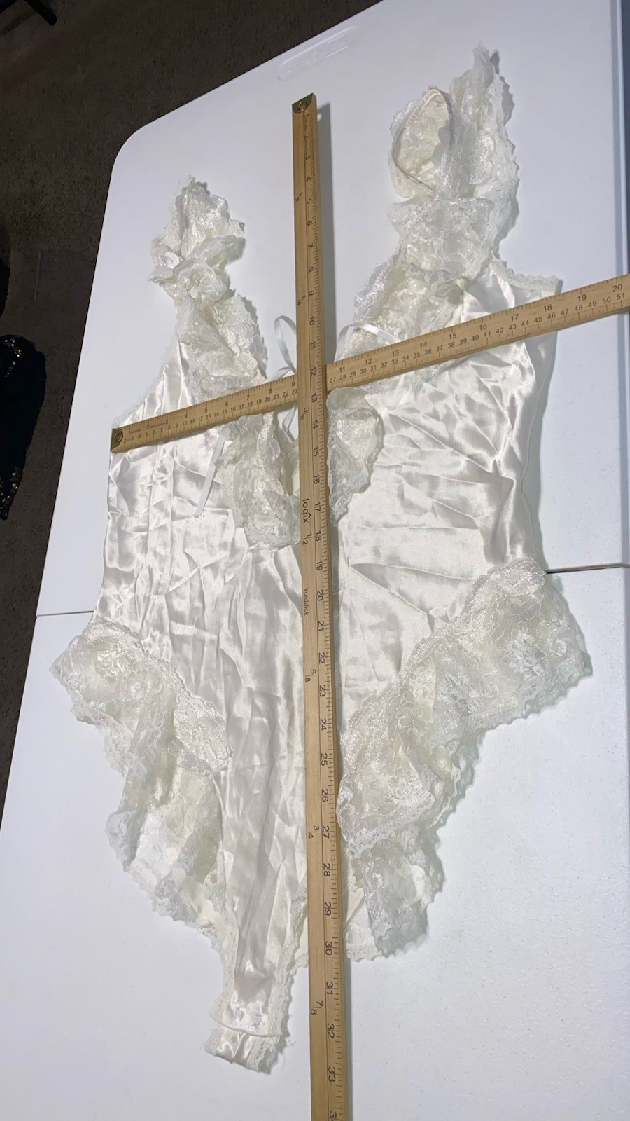 VTG Samye Newman Sz L Victorian Ivory Ruffled Teddy Satin Sheer Kawaii Lingerie