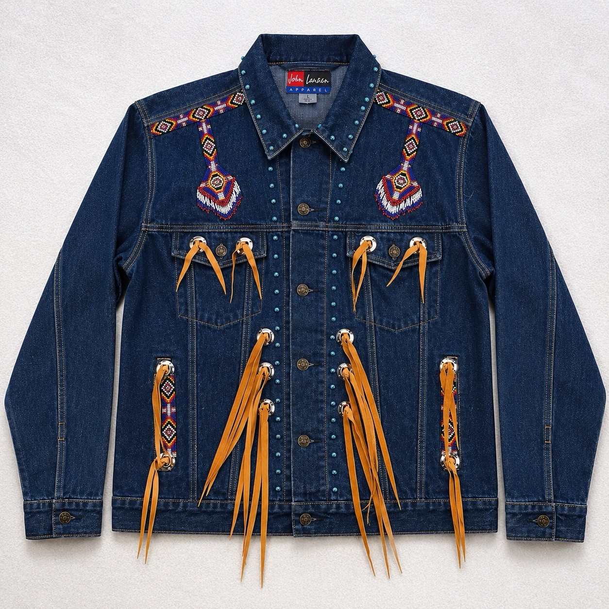 VTG NWT Western Denim Jacket Sz L Beaded Fringe Turquoise Concho Rodeo Southwest